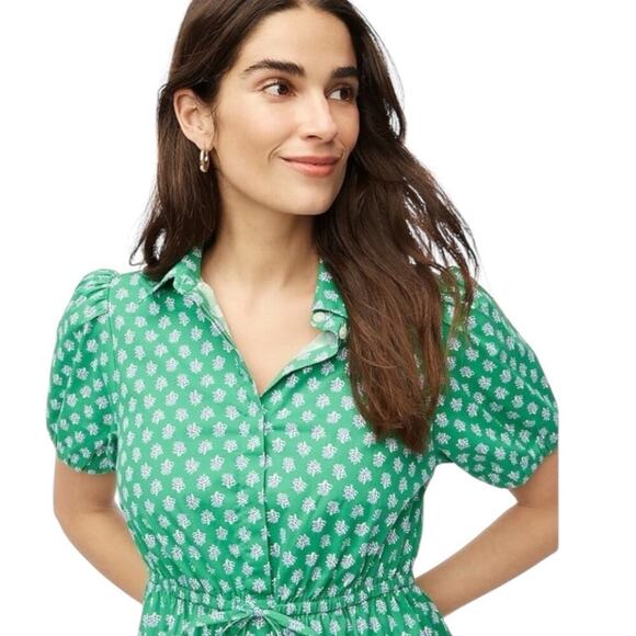 J.Crew Kelly Green Collared Short Sleeve Cotton Stretch Tie Waist Dress NEW - Picture 2 of 16